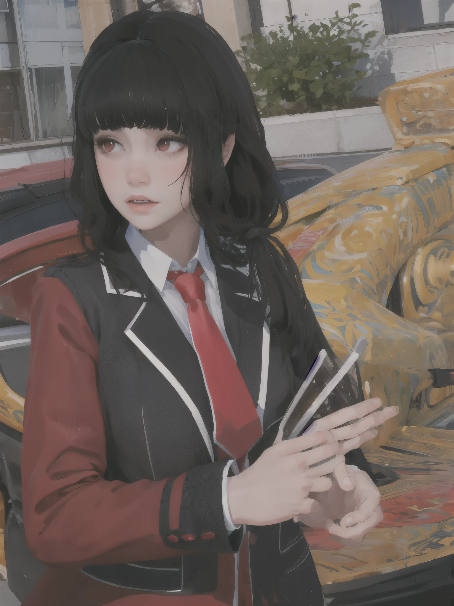 masterpiece, highly detailed, best quality, 1girl, solo,
Luna, black hair, red eyes, long hair, blunt bangs, red tie, gray blazer
