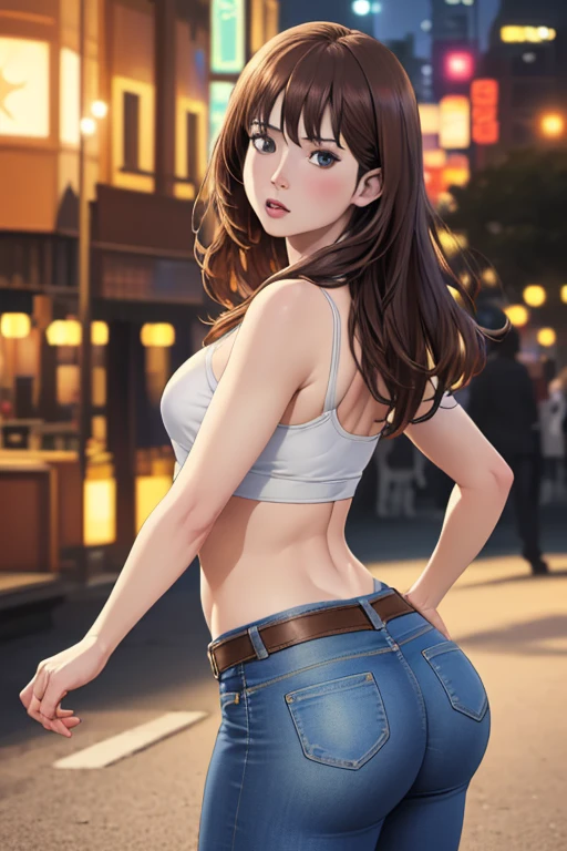 (1.woman, Solo), 8K, ((Mastepiece)),(((highest quality))),((Super detailed)),((((Realism)))), Photorealistic:1.37, (Ultra-realistic), (An illustration), (High resolution), (Very detailed), (最高のAn illustration), (Super detailed細壁紙), (Detail face), (Beautiful expression), ((詳細 highest qualityのスキン:1.2)), (Super detailed細な背景, Detailed background), 美しいwomanが道を歩いているビジョンフロー, The sun shines on her pink T-shirt and faded high-rise blue jeans., ((The fabric grain is visible, High-definition depiction of jeans)), A red car running in the background, A world of sparkling lights, ((A firm, perky butt in jeans, Small waist, Tight thighs with gap)), Buckshot, Rear view.