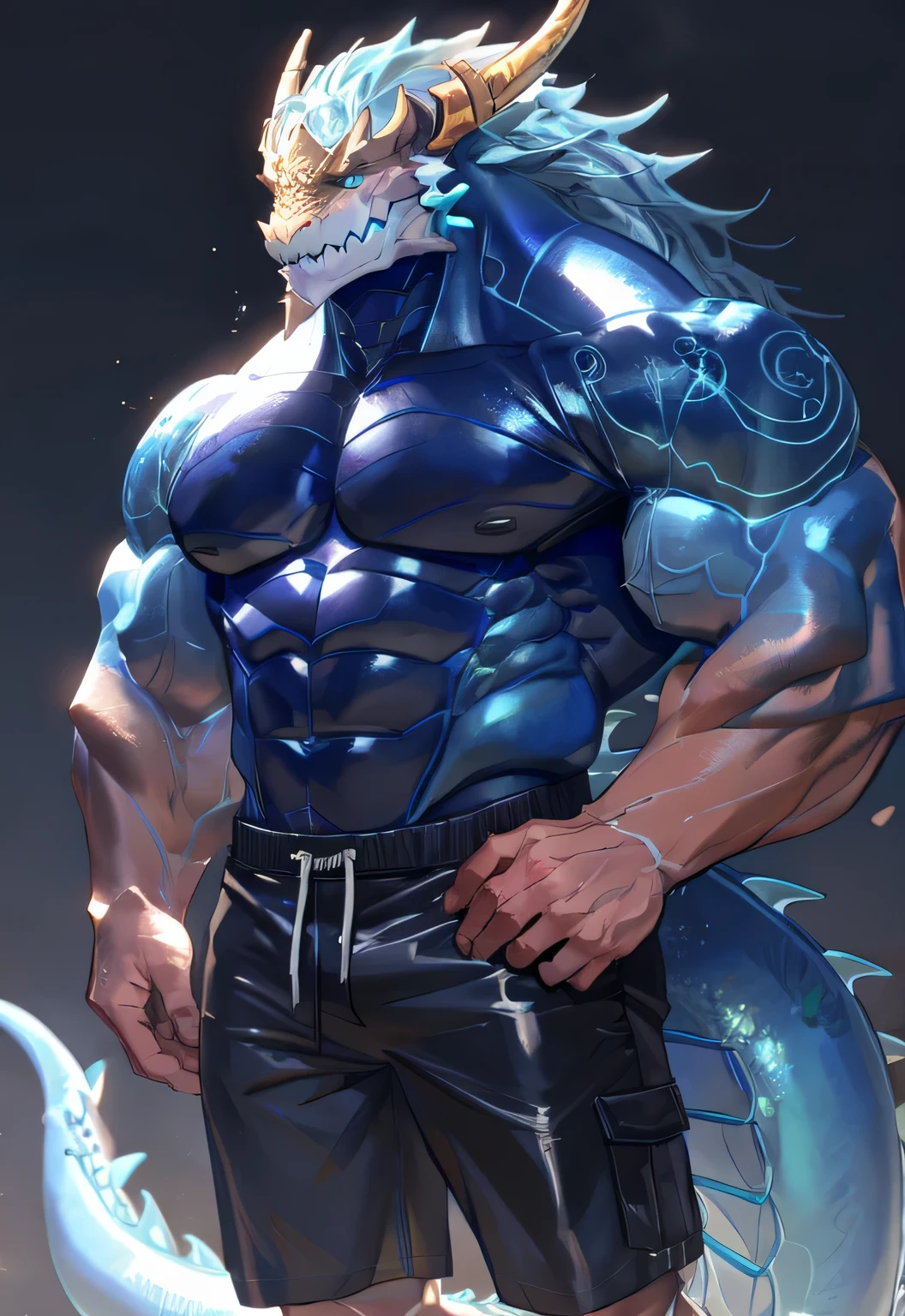 masterpiece,dragon, ,There is a pair of beautiful dragon horns, Dragon scales,1 tail, muscular, 好of, shorts only　Full body rubber suit　8 strong abdominal muscles　Amazing arm muscles　nice　All of　　Take off your pants　Can see the hips　　of　　muscular of arm