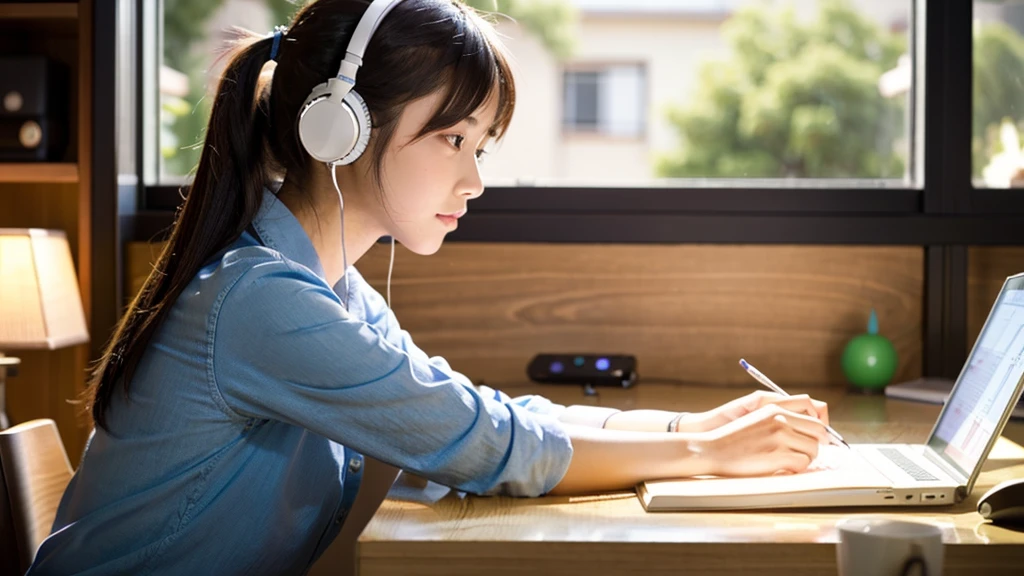 A cute Japanese girl studying or working at her desk、relax、night、Real、focusing、Gentle feeling、wearing headphones、Side view