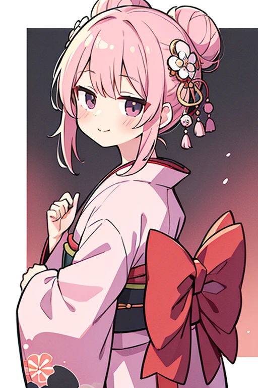 masterpiece,best quality, 1girl, hair bun,pastel pink hair, black eyes, smile, solo,closed mouth,looking back,kimono, border, looking at viewer, blush, japanese clothes