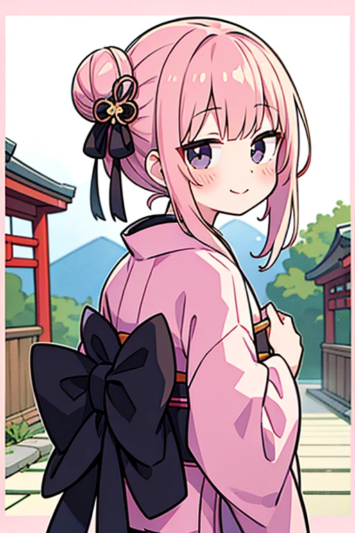 masterpiece,best quality, 1girl, hair bun,pastel pink hair, black eyes, smile, solo,closed mouth,looking back,kimono, border, looking at viewer, blush, japanese clothes