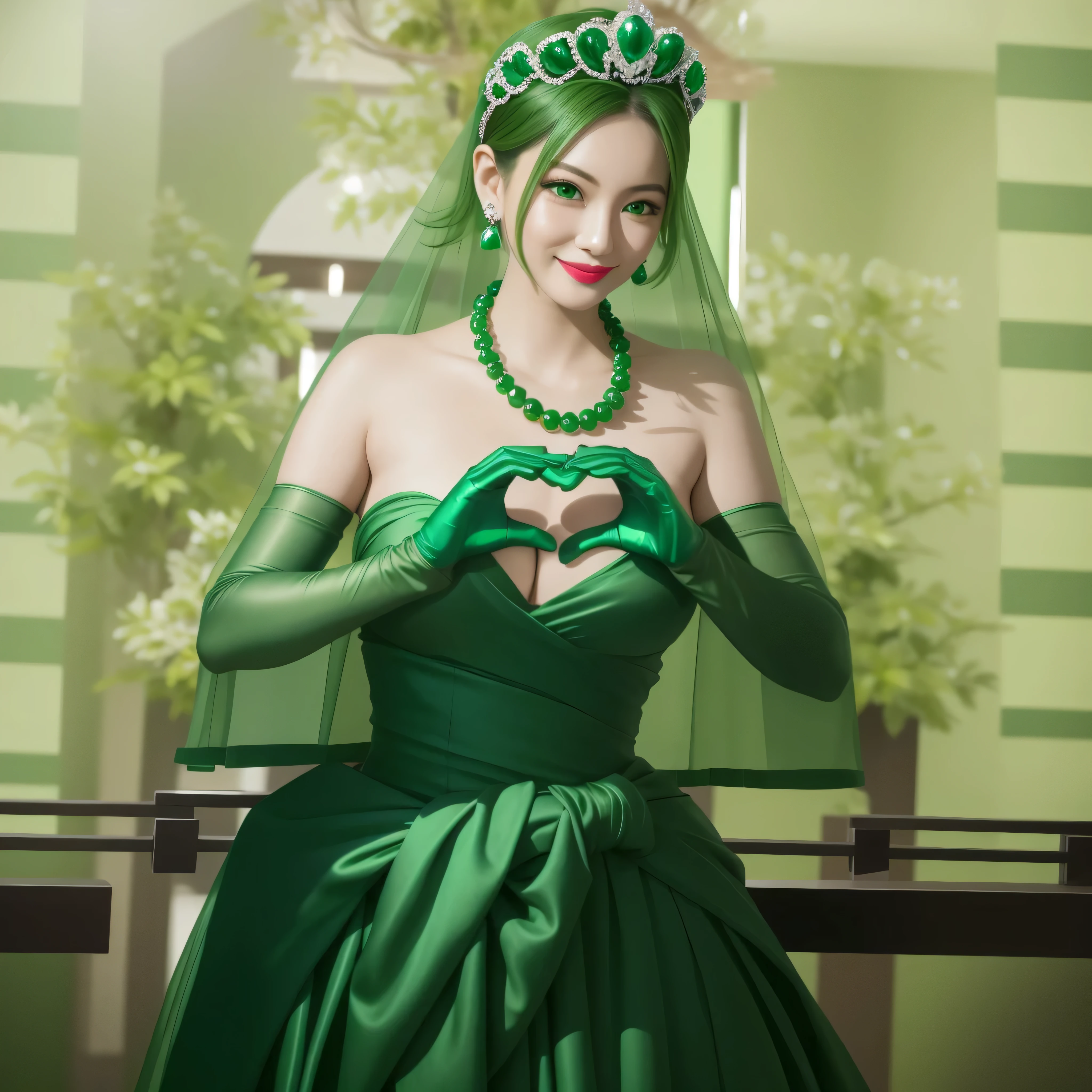 Emerald Tiara, green pearl necklace, boyish very short green hair, Green Lips, Smiling Japanese woman, very short hair, Beautiful woman with big breasts, green eyes, Green satin long gloves, green eyes, emerald earrings, green veil, Heart with both hands, green hair, beautiful japanese woman, Heart shaped hands:1.3, green lip gloss