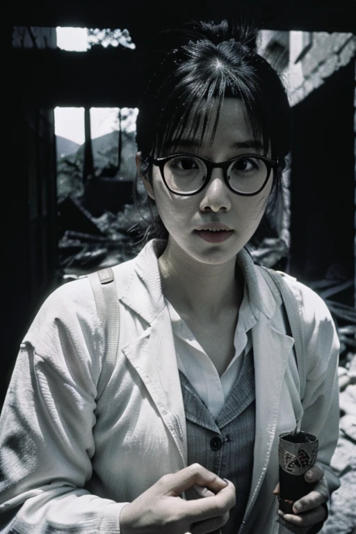 snack,Devastation,Inside the ruins is narrow,Showa,Glasses,Women,adventure,Black and White,