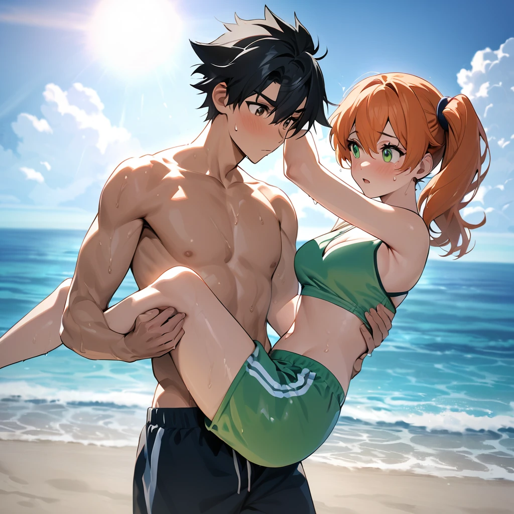 black hair, short hair, brown eyes, hair between eyes, ash ketchum, sweat shorts, shirtless

misty pokémon, orange hair, green eyes, side ponytail, green bikini, masterpiece, sun overhead, blue sky

photograph of beautiful 18 year old couple, on beach, they're under the sea, he's carrying her, wet bodies