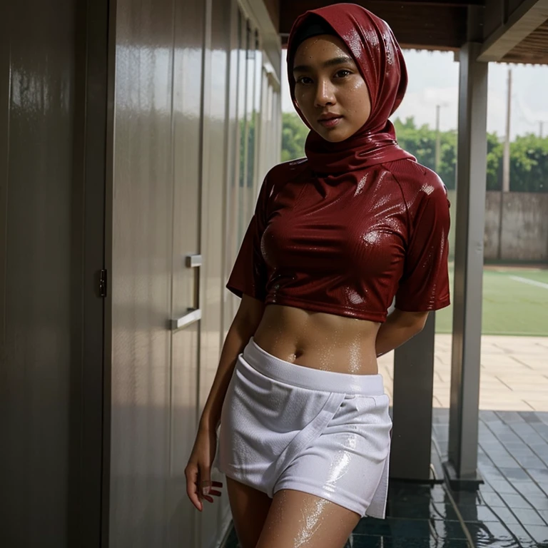 cute malay hijab girl, sexy, steamy, very wet, skirt, towel, football jersey