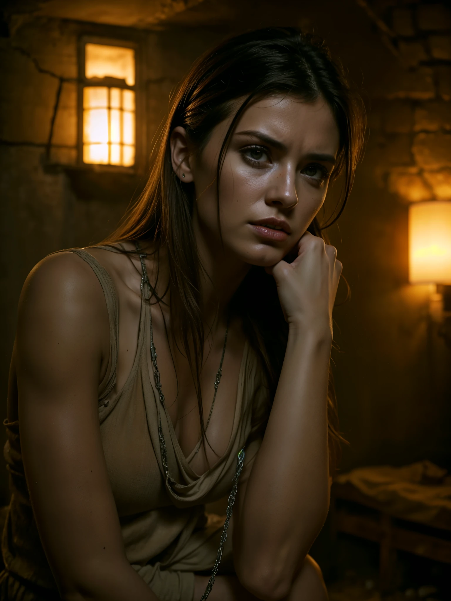 (Top quality, 4k, 8K, high resolution, Masterpiece: 1.2), Super detail, (realistic, photo realistic, photo-realistic: 1.37), oil painting, vivid colors, dark lighting, horror, mass kidnapping, forced collective sex, helpless beautiful European woman, struggling, seductive beauty, Wild gang members, intense emotions, teary eyes, fear floating on her face, tied realistic hands and feet. In an abandoned tuff house, sassi_di_matera in background, dusty atmosphere, quiet cries, blood-freezing cries, begging for mercy, pain and anguish, anxious shadows, gritty textures, ominous atmospheres, emotional scenes, tooth-clenching fears, sharp claws, indomitable chains, evil intentions, horrible details, lurking danger, a sense of hopelessness, hopelessness, horrible