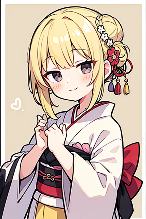 masterpiece,best quality, 1girl, hair bun,pastel yellow hair, black eyes, smile, solo,closed mouth,kimono, border, looking at viewer, blush, japanese clothes