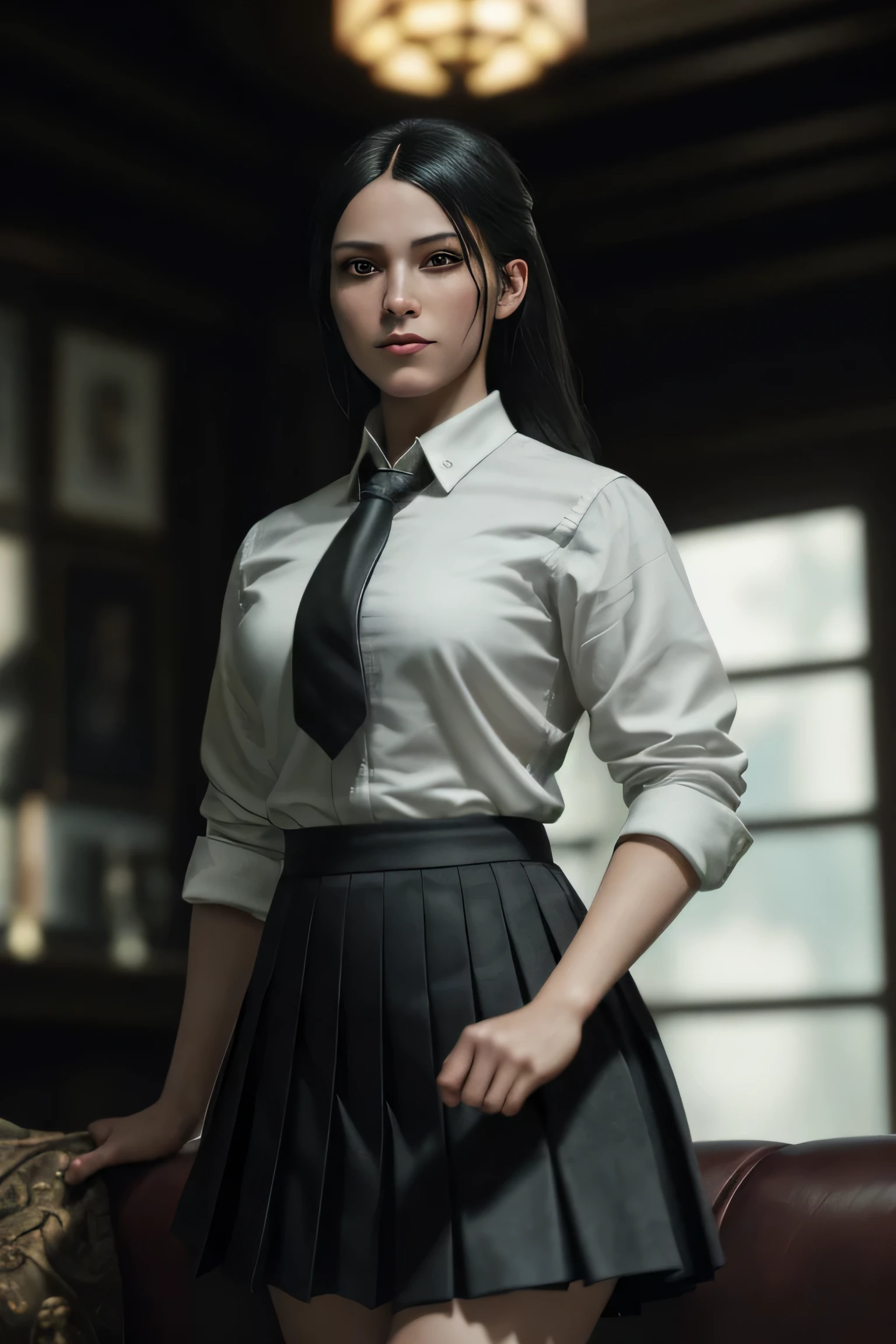 (masterpiece), (extremely intricate:1.3), (realistic), a girl, (dark fantasy, gore), (dynamic perspective), the most beautiful in the world, (kick viewers lightly), indoors, from below, shirt, tie, pleated skirt, smirk, on the couch, Aomori, Haifa, professional photograph of a stunning woman detailed, sharp focus, dramatic, award winning, cinematic lighting, octane render unreal engine, volumetrics dtx, (film grain, blurry background, blurry foreground, depth of field)