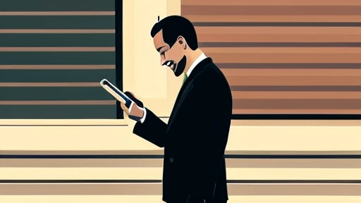 A pop illustration of a man wearing a suit looking happily at his smartphone