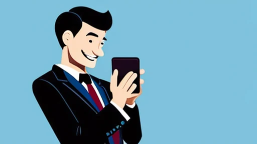A pop illustration of a man wearing a suit looking happily at his smartphone