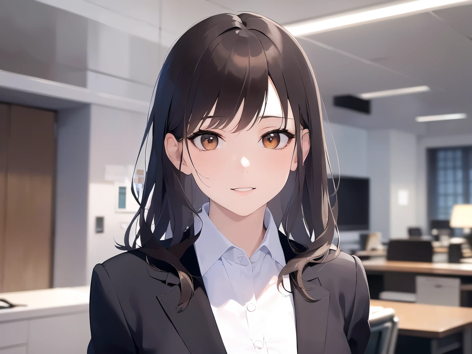 side angle, Biologically correct five fingers、Upper Body, Realistic, real person, (pale skin: 1.2), RAW photo, photorealistic, portrait photography, shiny skin, shiny hair、(25 year old woman with medium hair with bangs) and (wavy hair) and (brown hair) and (orange eyes) , (Wearing a business suit:1.5) and (Wearing a white collared shirt)、smile, The background is the office、Alone、Are standing、Bold composition