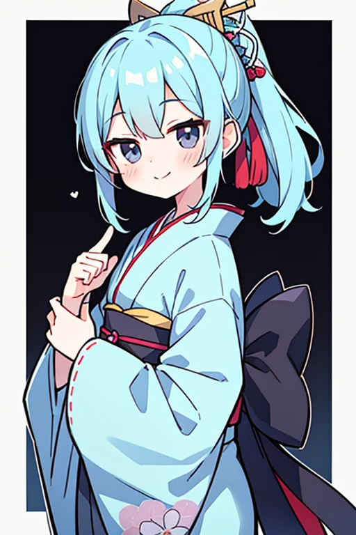 masterpiece,best quality, 1girl, one low ponytail,pastel blue hair, black eyes, smile, solo,closed mouth,kimono, border, looking at viewer, blush, japanese clothes