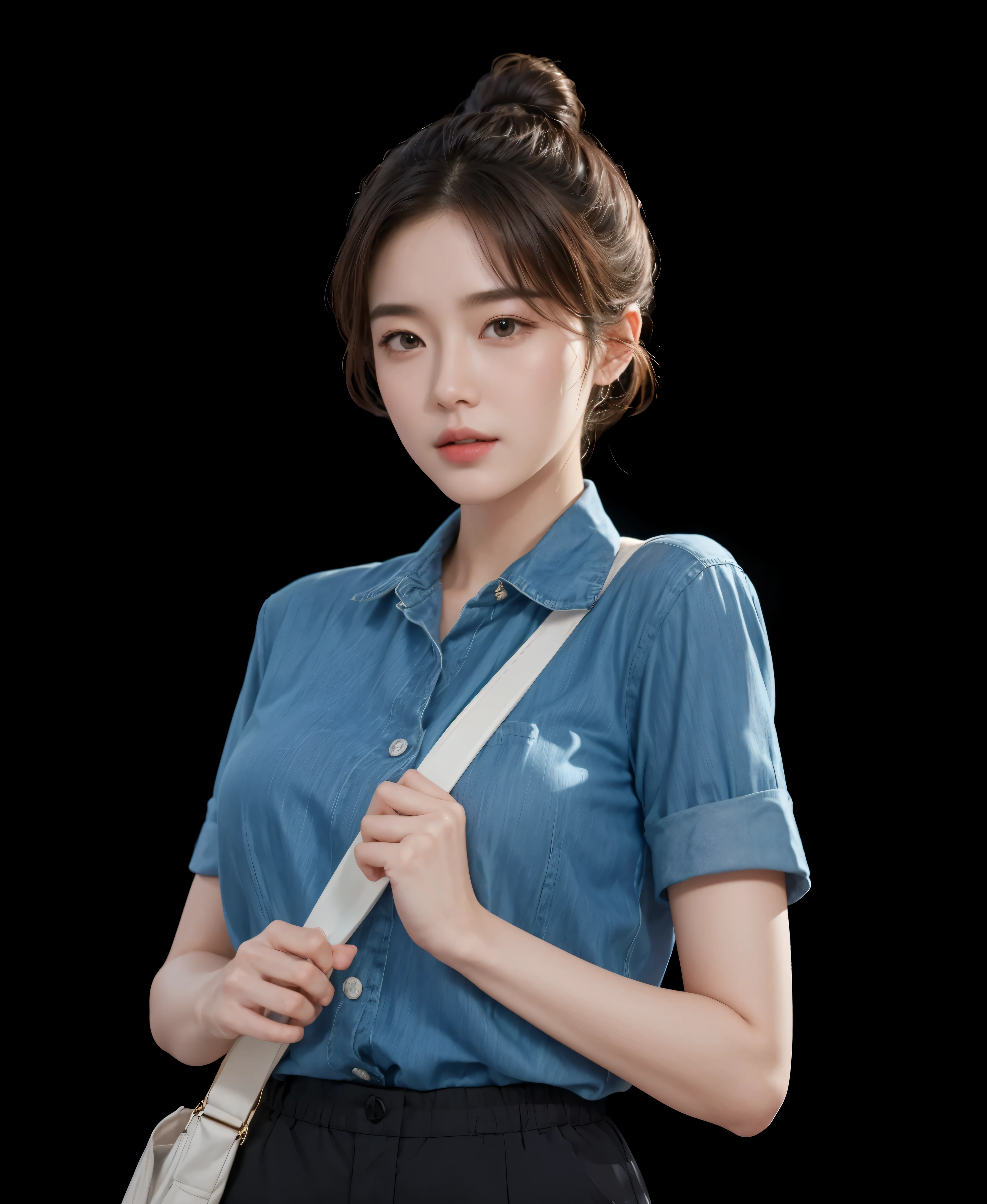 Actor Zhao Jinmaizi， Denim jacket，Ball head， Perfect hair， masterpiece, best quality, (Extremely detailed CG unified 8k wallpaper), (best quality), (Best Illustration), (The best shadow), absurd, Realistic lighting, (abyss), Beautiful and delicate light, Artworks by Peter Mohr Bacher,Close-up of woman wearing blue shirt and black pants, full body details, Inspired by Shen Si Zheng, Full body close-up, !!Full body portrait!!, Elegant digital art, Highly detailed full body, full body details, Women, female whole body, Full body portrait, Single character whole body, Reduce body size， masterpiece, best quality, (Extremely detailed CG unified 8k wallpaper), (best quality), (Best Illustration), (The best shadow), absurd, Realistic lighting, (abyss), Beautiful and delicate light, Artworks by Peter Mohr Bacher,
