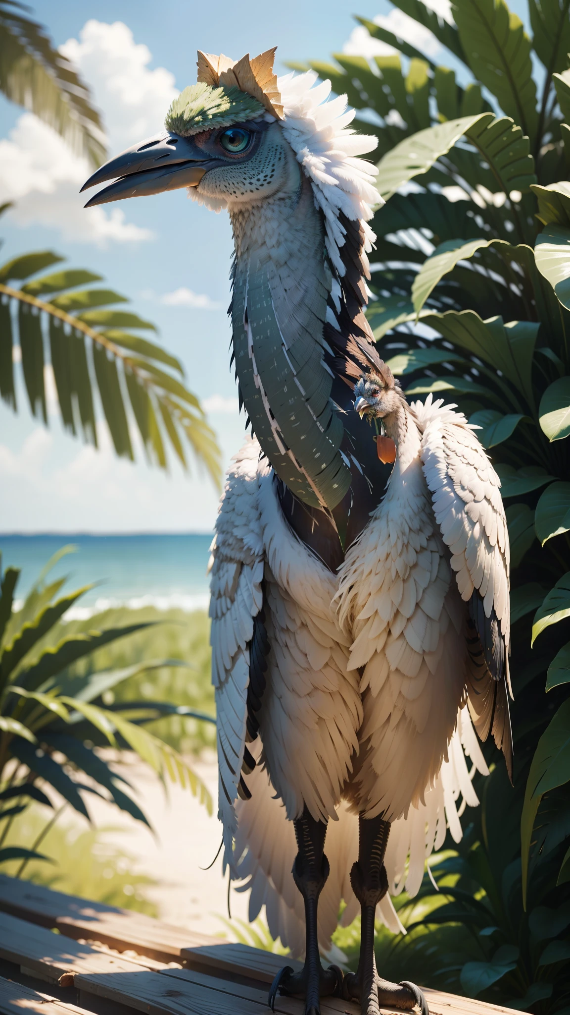 An emu bird, with its long neck and powerful legs, stands unconventionally among the greenery, holding a bright aluminum beer can in one of its slender feathers. The bird's piercing eyes seem to question the absurdity of the situation, while its wispy plumes flutter in the gentle breeze. The frothy amber liquid spills out slightly from the can, creating an intriguing contrast against the natural surroundings.