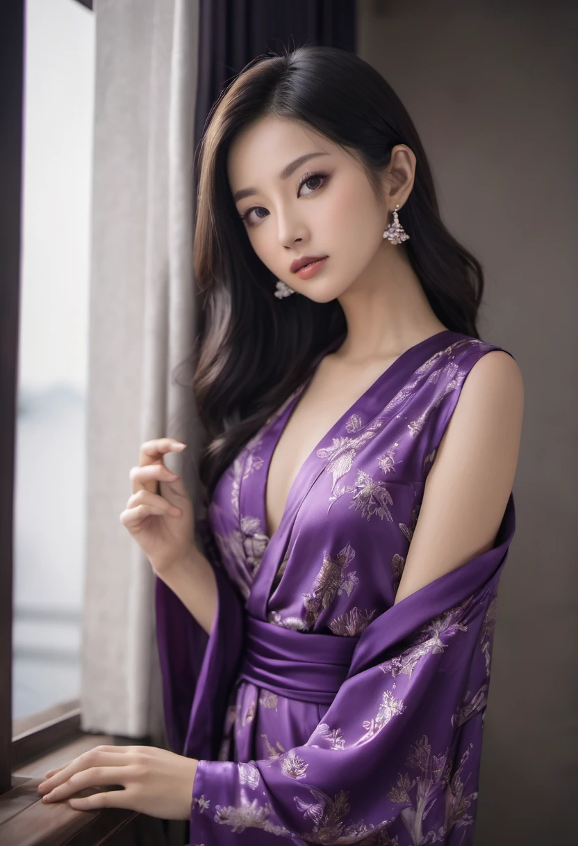 Arabian Asian woman in purple dress taking a photo, Shot with Canon EOS R 6, A stunningly elegant pose, Shot with a Canon 5D MK4, Elegant pose, Yoshitomo Nara, Graceful seduction pose, Japanese Goddess, Mid Shot Portrait, wearing a dark silk robe, A sophisticated gravure idol, Japanese Model, shikamimi