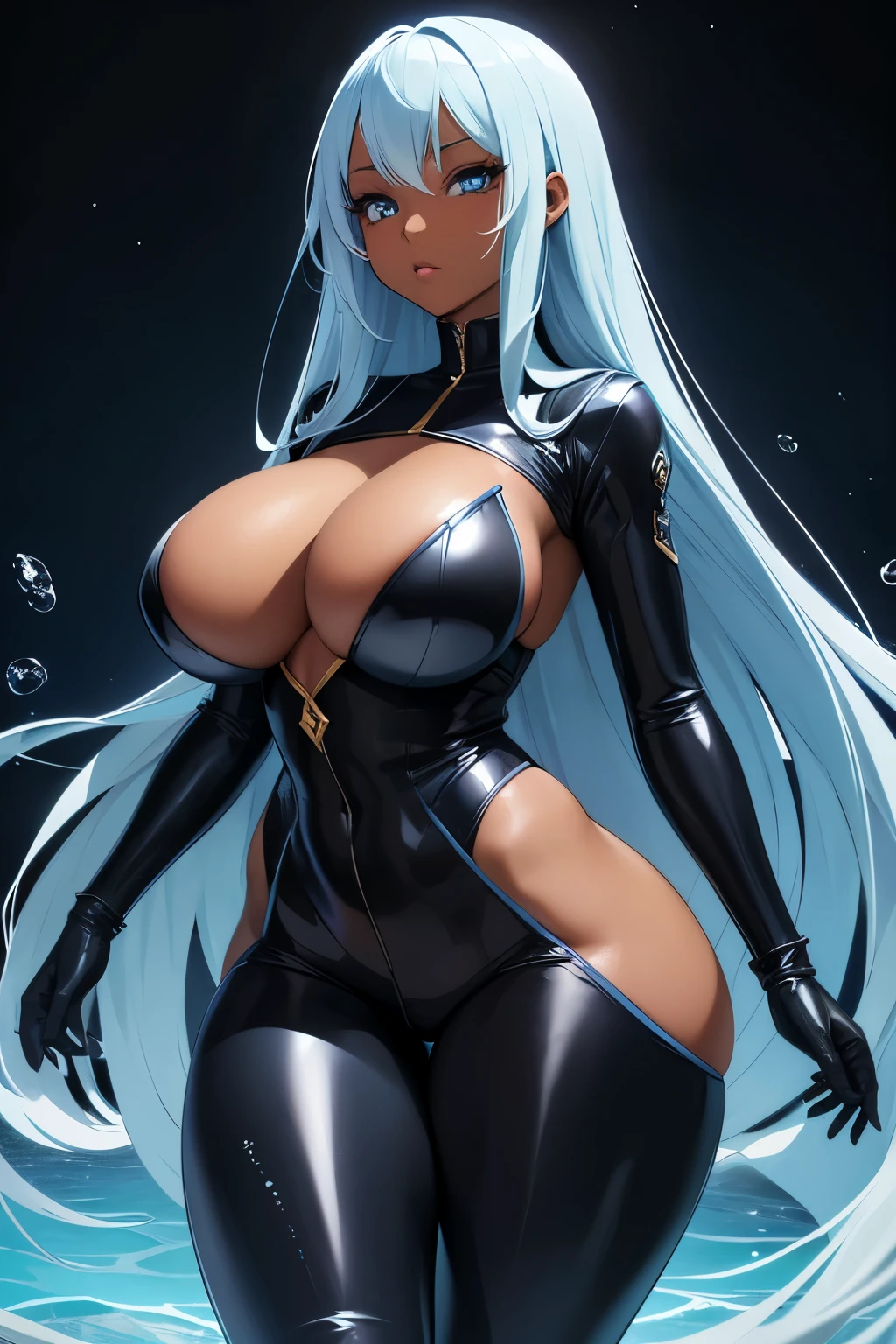 {anime girl} with straight long blue hair, she has {{dark skin}}, she has deep blue eyes, she has a curvy body with big breast and a big butt, she is wearing a fantasy sexy skintight bodysuit, her clothes are mostly black with blue accents, her outfit shows parts of her thighs, she has water powers