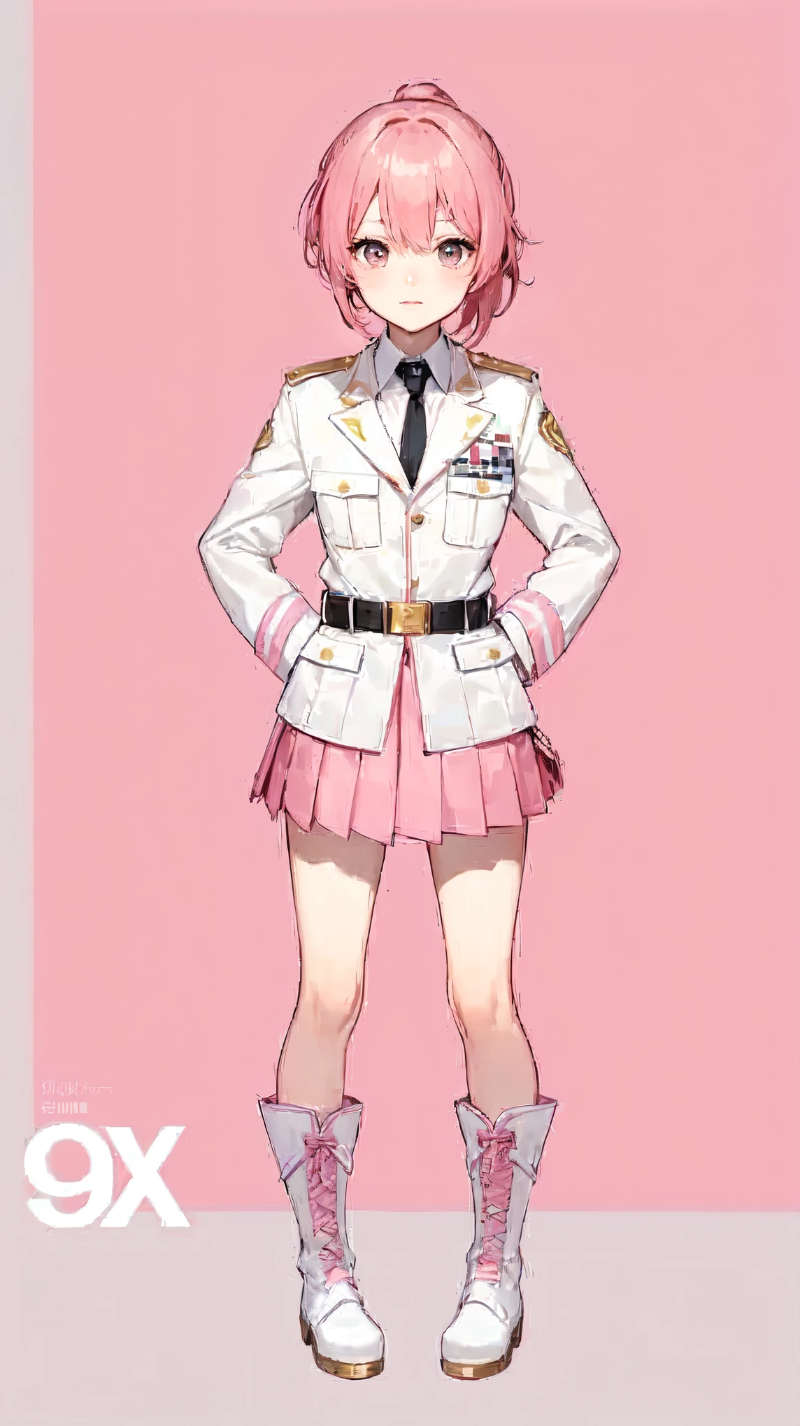 Close-up of a person in uniform on a pink background, JK Uniform, morbidity. High, girl in uniform, Anime full body illustration, White uniform, gapmoe morbidity, Wear, morbidity, unified background, pretty anime character design, official, , Best Anime Character Design, Beichuan Ma Lin fan art, Short full body portrait!