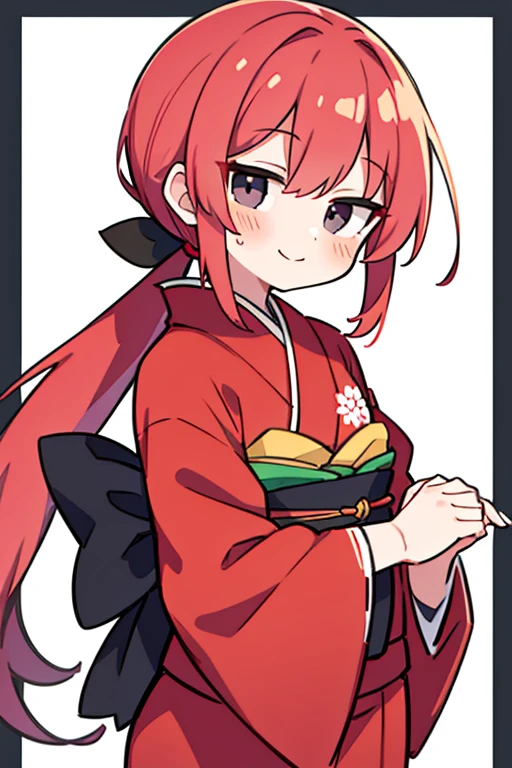 masterpiece,best quality, 1girl, one low ponytail,pastel red hair, black eyes, smile, solo,closed mouth,kimono, border, looking at viewer, blush, japanese clothes