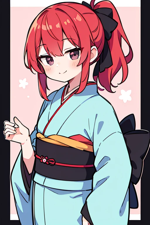 masterpiece,best quality, 1girl, one low ponytail,pastel red hair, black eyes, smile, solo,closed mouth,kimono, border, looking at viewer, blush, japanese clothes