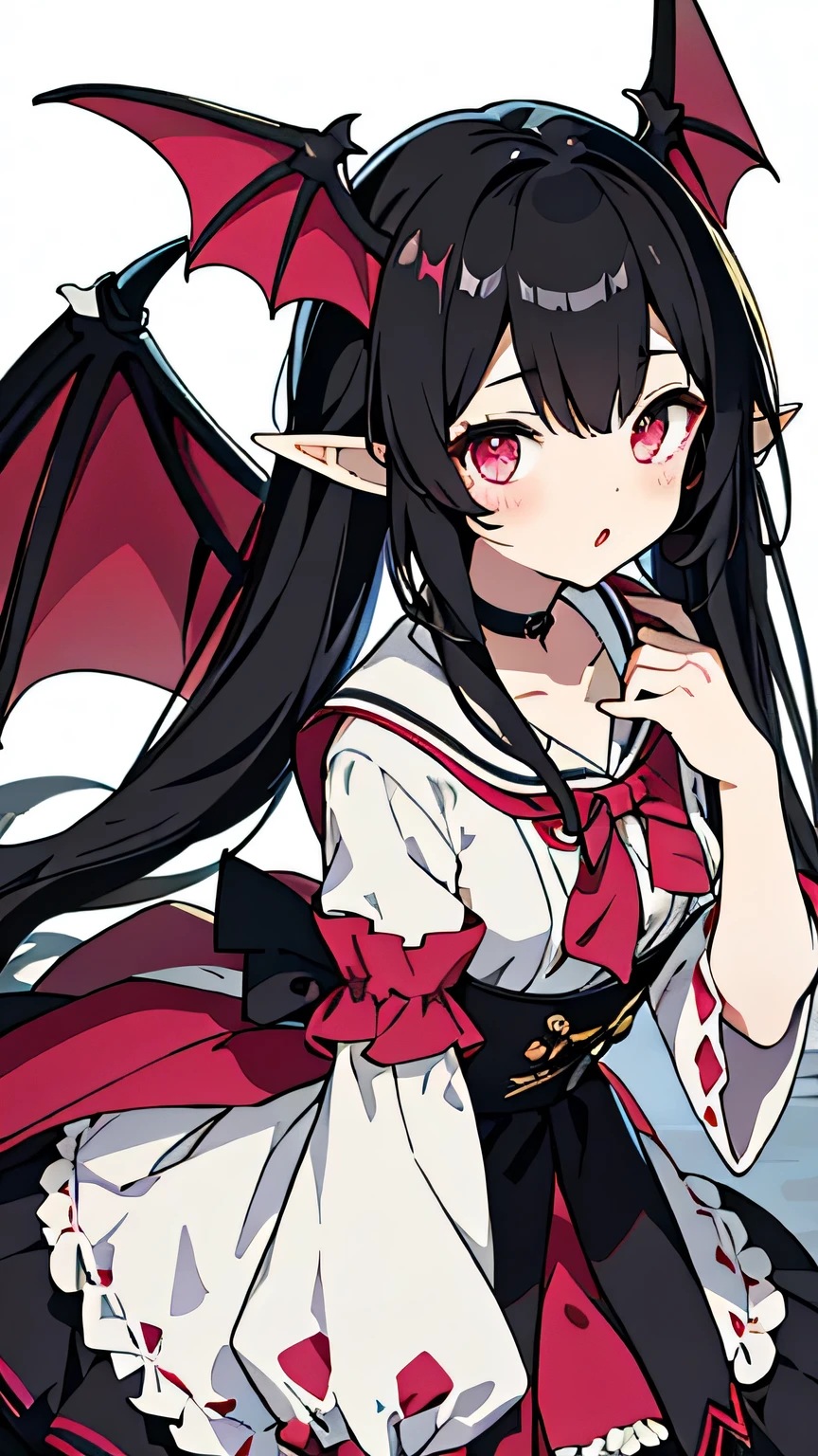 highest quality、Masterpiece、masterpiece、Black Hair、Medium length twin tails、(The hair is medium length and down at the back.)、Pink Eyes、bat wings on head、Double teeth、vampire girl、Character portrait、Sailor suit、(whole body)、Elf Ears