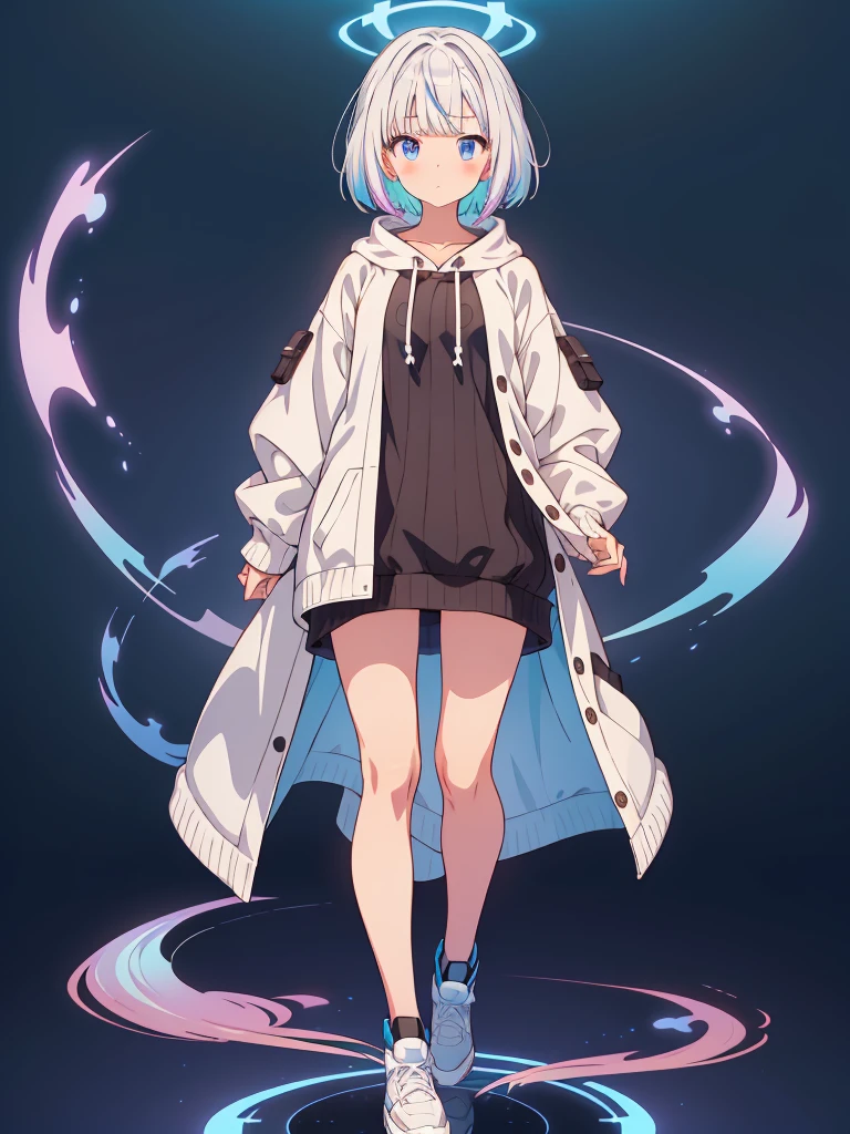 1 person girl、pleochroism、A loose-fitting jersey-style long hoodie in holographic colors、Ribbed knit cuffs and hem、Vtuber whole body、Milky white short hair、Standing figure facing the viewer、Simple Background、highest quality、Masterpiece、Official Art、8K、