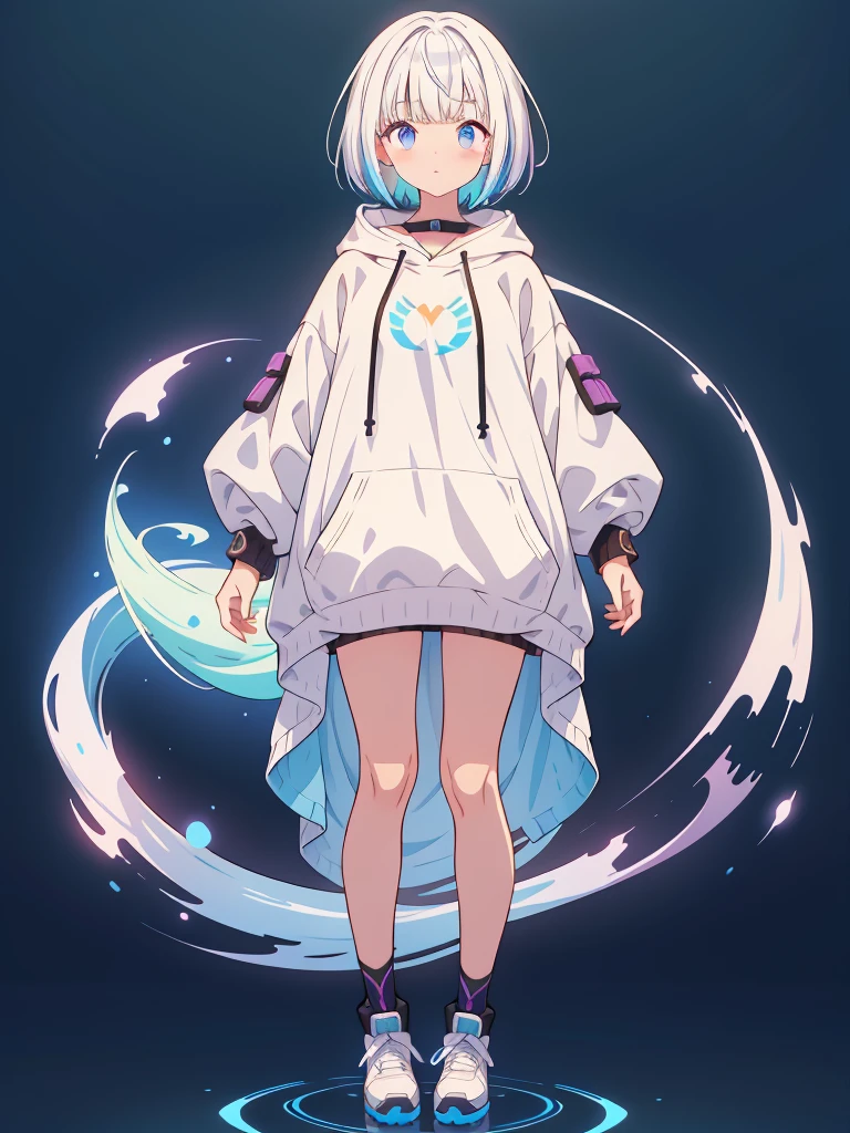 1 person girl、pleochroism、A loose-fitting jersey-style long hoodie in holographic colors、Ribbed knit cuffs and hem、Vtuber whole body、Milky white short hair、Standing figure facing the viewer、Simple Background、highest quality、Masterpiece、Official Art、8K、