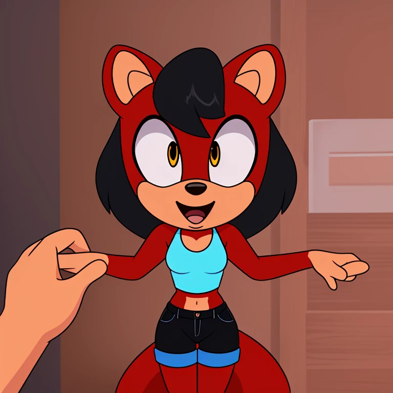 (mobian), solo, 1girl, (mobian marten, (red body fur, black hair):1.2), golden eyes, small breasts, , short girl, slim waist, chest tuft,
sticker, icon, open mouth, wide eyes, excited, playful, face focus, pov, arms out, hugging, shorts, crop top,