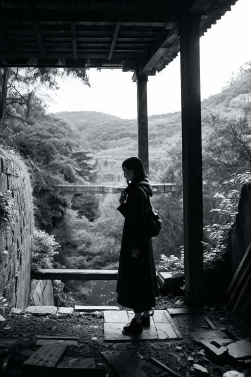 moss,Inside the ruins,narrow eyes,Showa,Glasses,Women,adventure,Black and White,