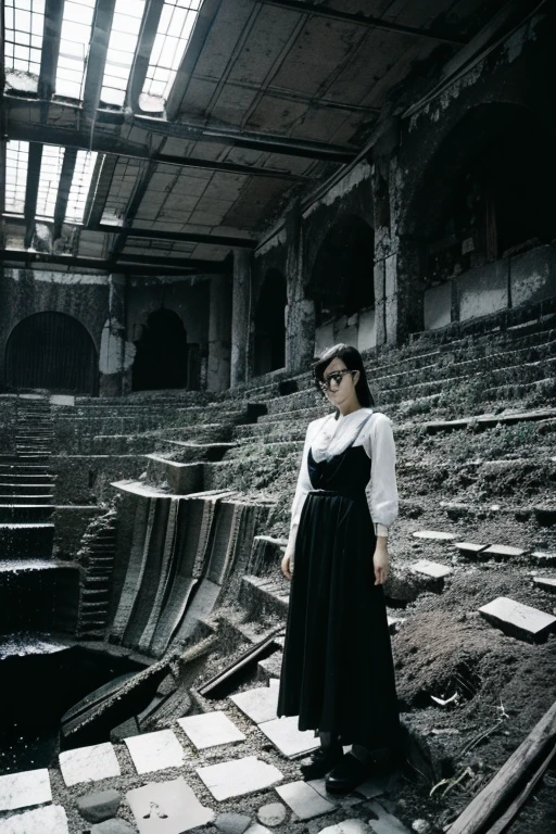 moss,Inside the ruins,narrow eyes,Showa,Glasses,Women,adventure,Black and White,