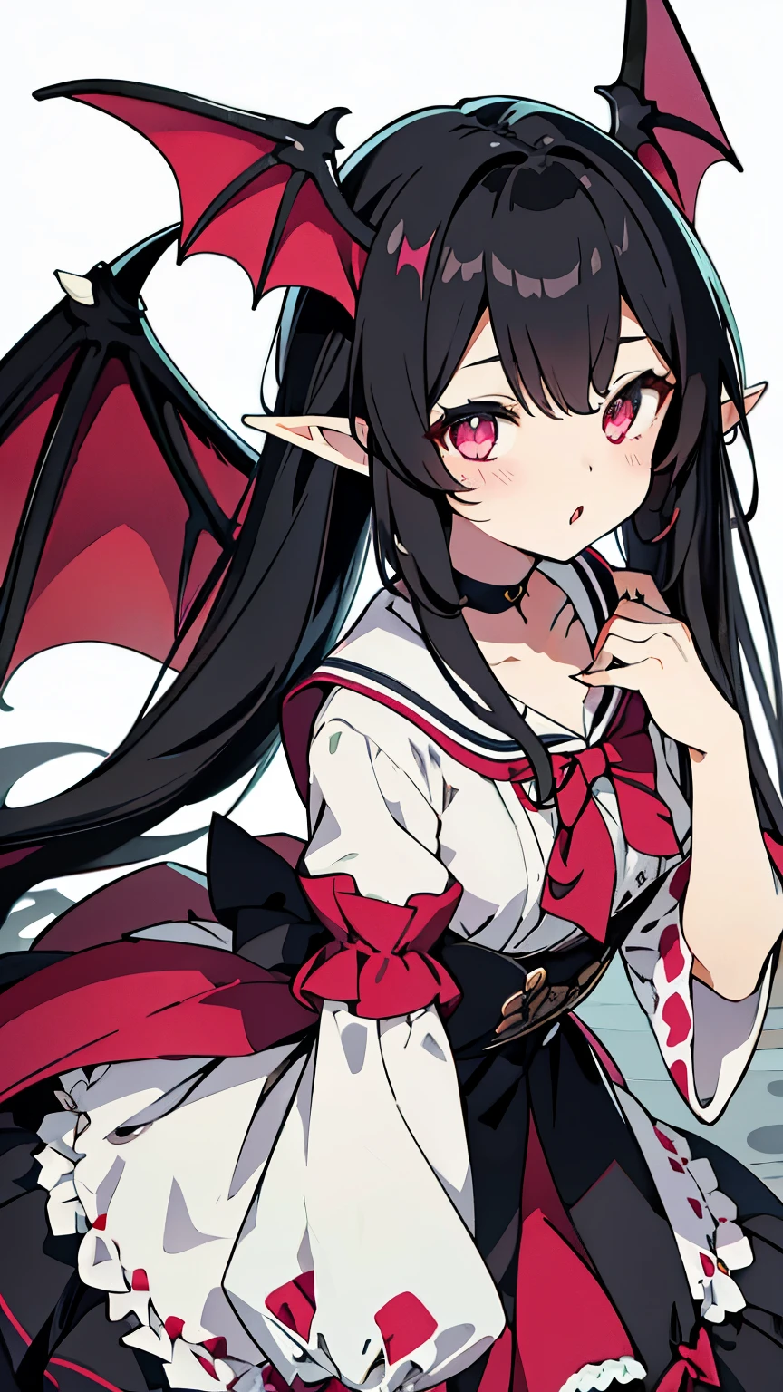 highest quality、Masterpiece、masterpiece、Black Hair、Medium length twin tails、(The hair is medium length and down at the back.)、Pink Eyes、bat wings on head、Double teeth、vampire girl、Character portrait、Sailor suit、(whole body)、Elf Ears