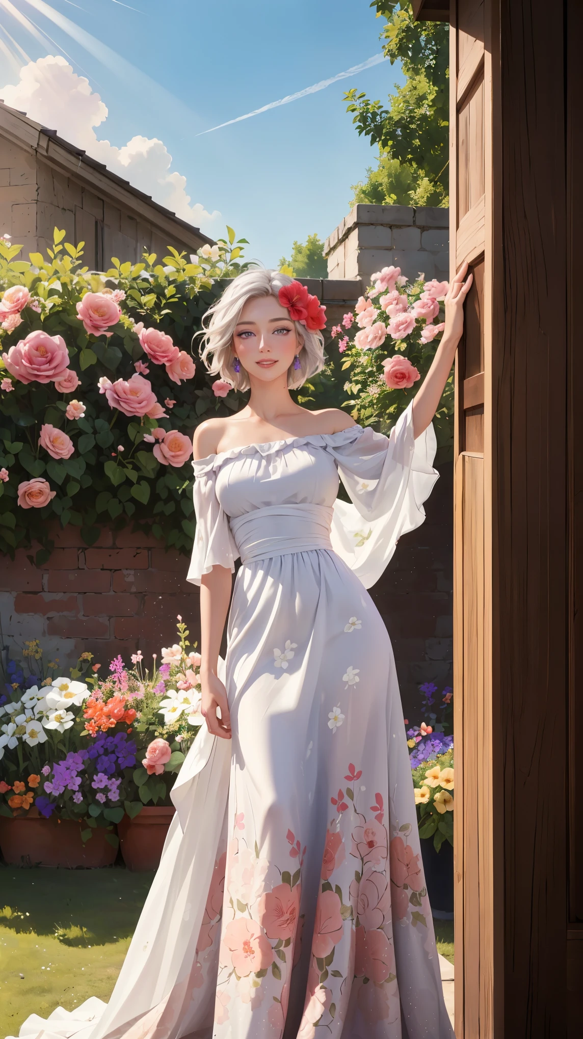 ((((masterpiece, best quality, high resolution)))), Extremely detailed 8K, Beautiful girl with voluptuous body, (Ultra HD, Ultra-detailed, Highly detailed, Highly realistic, Ultra-realistic, photograph realistic), (1girl:1.5), (Realistic white hair), (short wavy hair, hair ornaments, earrings), (dynamic poses), facing at camera, looking at viewer, (blushing red, embarrassed, smile), (purple eyes, sharp eyes), (perky breasts:1.2), (beautiful detailed face, beautiful detailed eyes), ((off shoulder midi maxi dress, floral patterns)), (detail pussy), (standing up), sweat, glow, (sunbeam, sunlight), ((cowboy shot)), garden, seductive