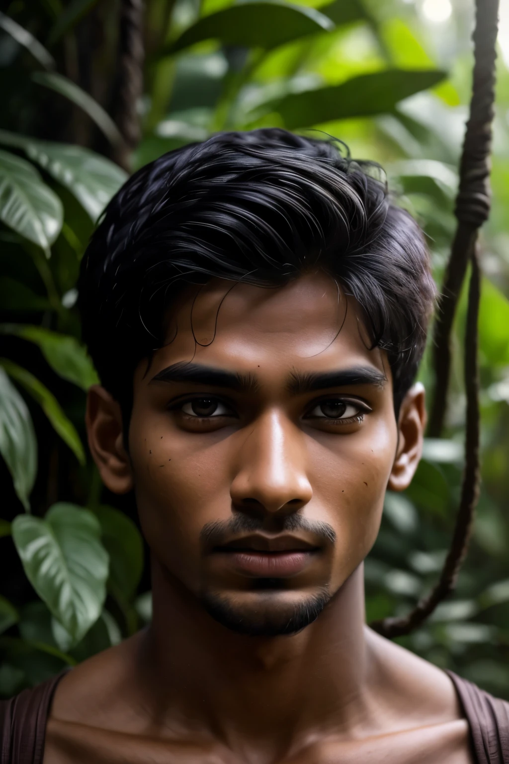 There is a 22-year-old Indian boy, high above the jungle, his face etched with an otherworldly pallor, resembling that of a ghost. His features are sharply defined in the UHD, 8K wallpaper, with every detail captured in high resolution - from the thin lines around his eyes, to the wrinkles on his forehead, to the intricate texture of his skin. His dark, piercing eyes are wide open, taking in the breathtaking view of the lush greenery below. His expression is a mix of awe and fear, as if he has stumbled upon a hidden secret of the jungle. The cinematic lighting adds to the sur