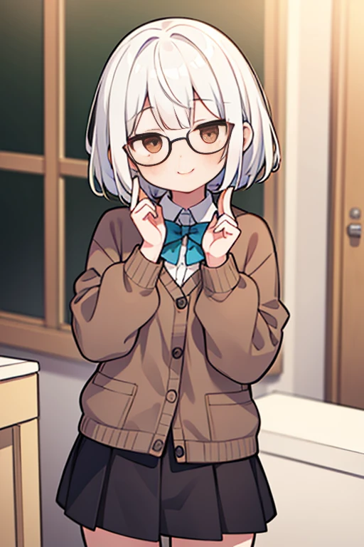masterpiece,best quality, 1girl, glasses,white hair, brown eyes, smile, solo, closed mouth,looking at viewer, blush, short hair, bangs,skirt