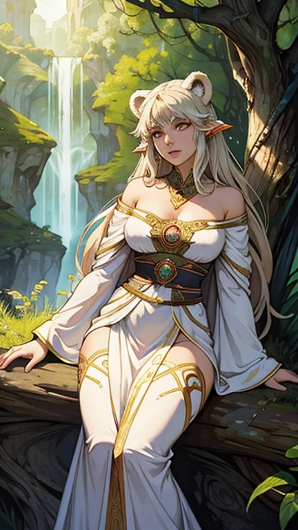 (Tarot cards:1), High Priestess, the (Bear eared Goddess), Long white robe, art, (Alphonse Mucha:1), Create a symbolic scene representing this domain. Lush flora and fauna can represent wilderness, with a lone figure traversing a treacherous mountain path, symbolizing resilience. Ursala's watchful gaze can be subtly depicted in the background, perhaps through a pair of glowing eyes emanating from the trees, signifying her connection and protection.