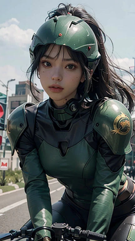 Highest image quality, Outstanding details, Ultra-high resolution, (realism: 1.4), Best example, Favor the details, Highly concentrated 1girl, Beautiful face, Wearing black and green armor, Wearing a mecha helmet, Holding the directional controller, Riding a motorcycle, The background is a high-tech light scene of a futuristic city.