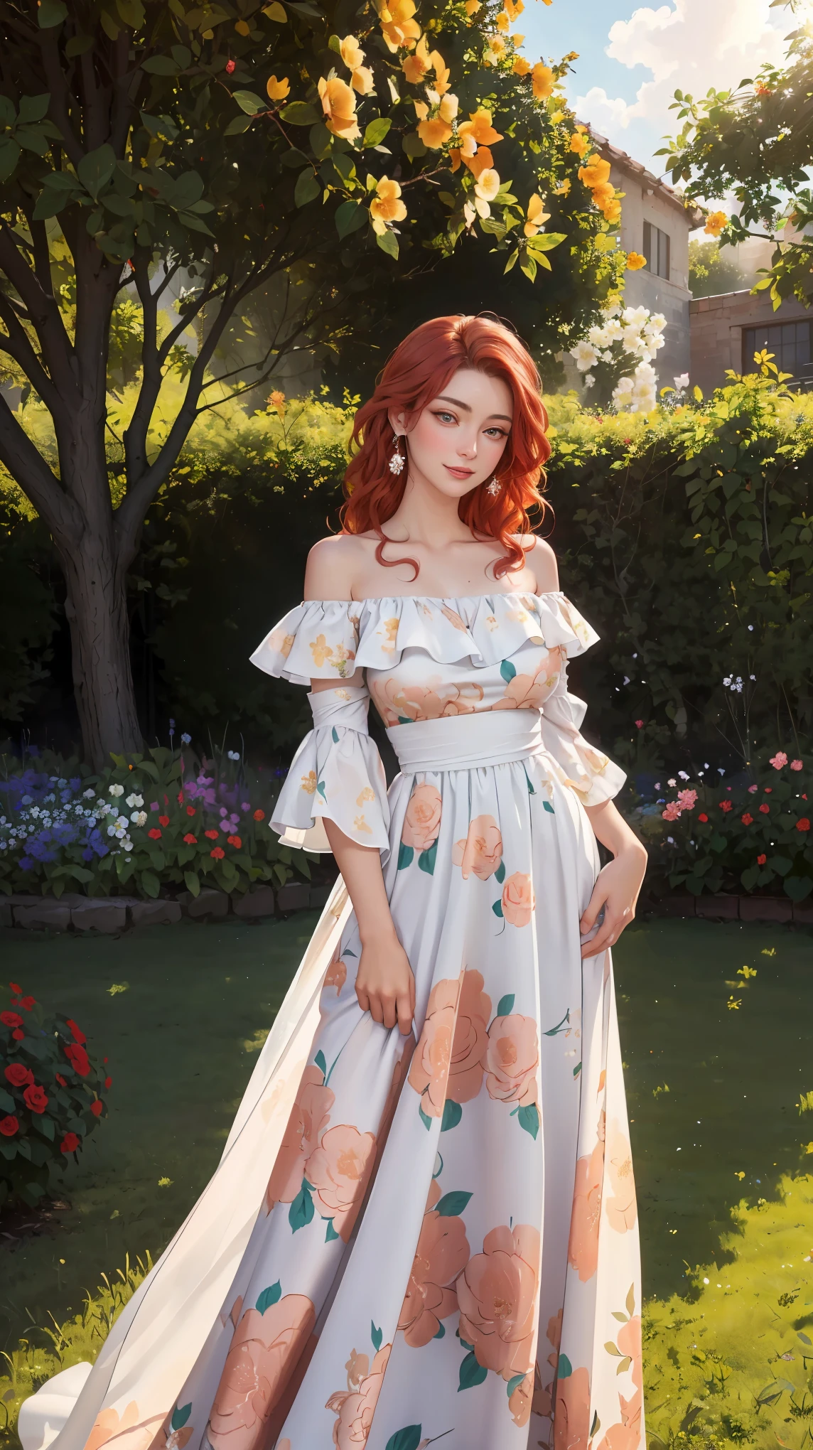 ((((masterpiece, best quality, high resolution)))), Extremely detailed 8K, Beautiful girl with voluptuous body, (Ultra HD, Ultra-detailed, Highly detailed, Highly realistic, Ultra-realistic, photograph realistic), (1girl:1.5), (Realistic red hair), (long wavy hair, hair ornaments, earrings), (dynamic poses), facing at camera, looking at viewer, (blushing red, embarrassed, smile), (hazel eyes, sharp eyes), (big perky breasts:1.2), (beautiful detailed face, beautiful detailed eyes), ((off shoulder midi maxi dress, floral prints)), (detail pussy), (standing up), sweat, glow, (sunbeam, sunlight), ((cowboy shot)), garden, seductive