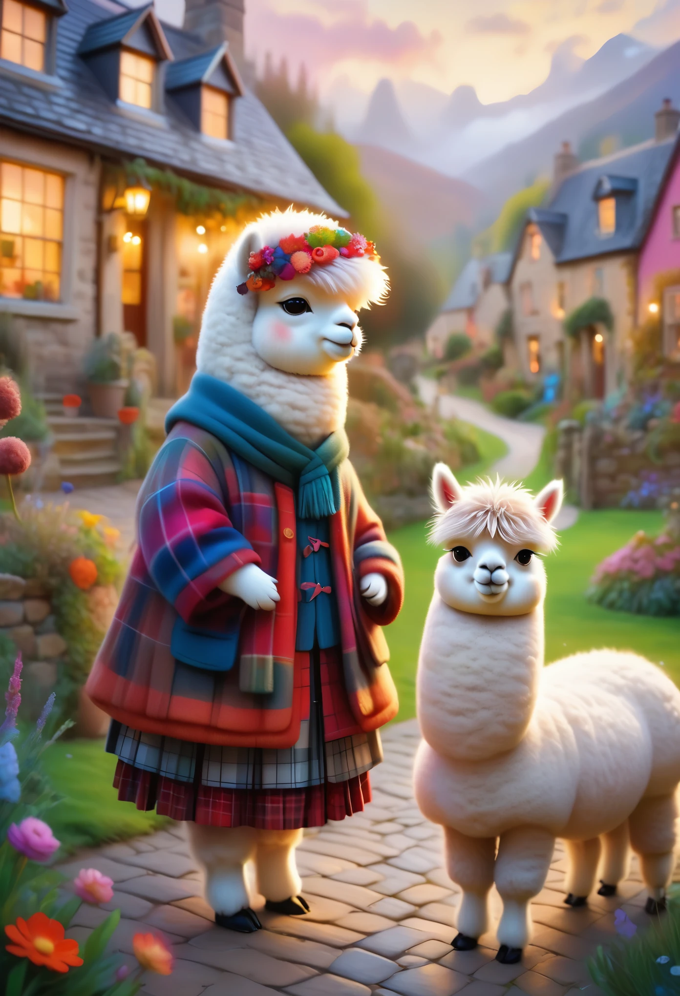 pixar characters，painting style, vibrant colors, dreamy atmosphere, layered composition, intricate details, cozy village background,(Cute alpaca，Dressed in Scottish clothing，Stylish
), soft texture, cozy atmosphere, peaceful garden backdrop, vibrant colors, warm lighting