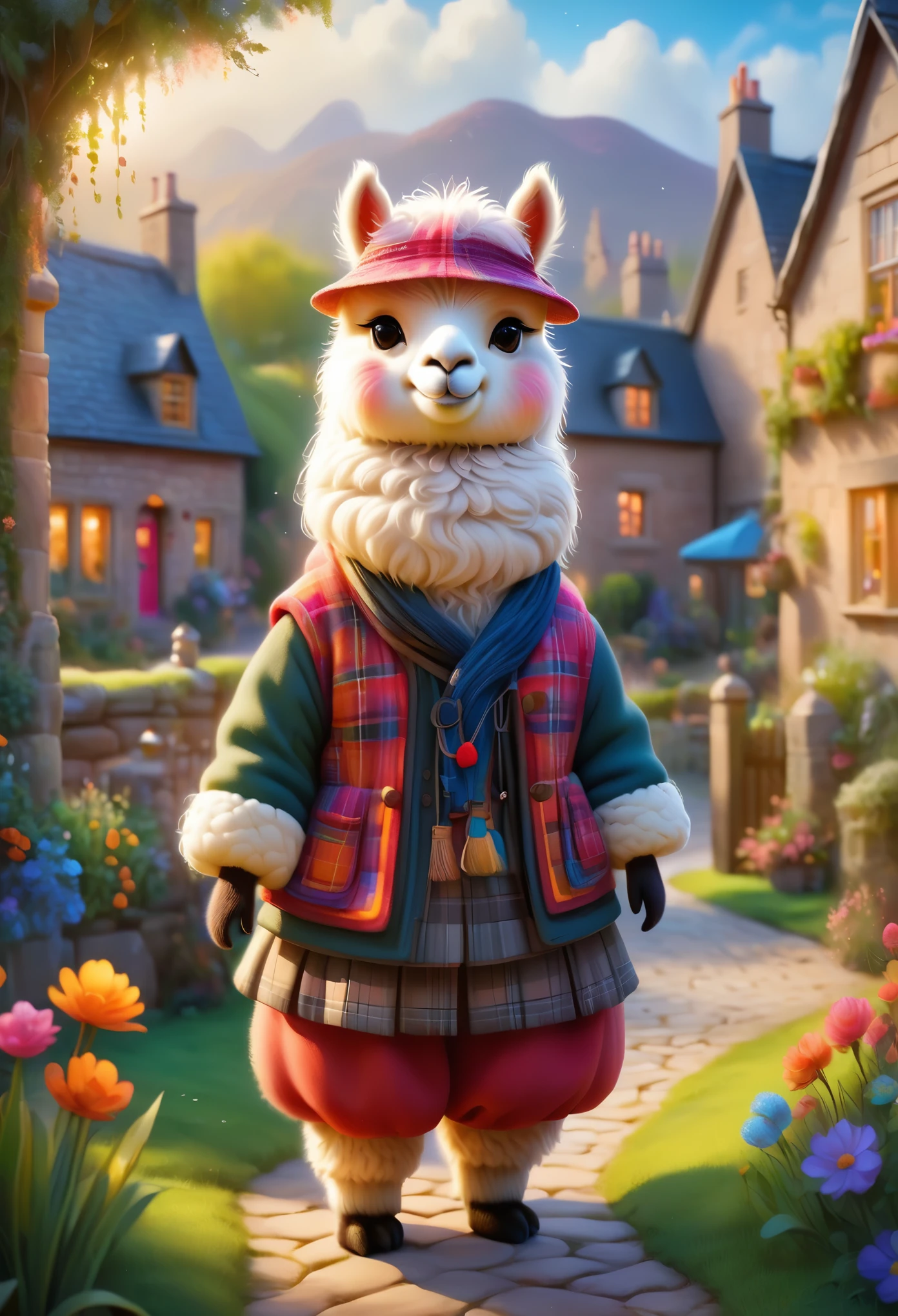 pixar characters，painting style, vibrant colors, dreamy atmosphere, layered composition, intricate details, cozy village background,(Cute alpaca，Dressed in Scottish clothing，Stylish
), soft texture, cozy atmosphere, peaceful garden backdrop, vibrant colors, warm lighting