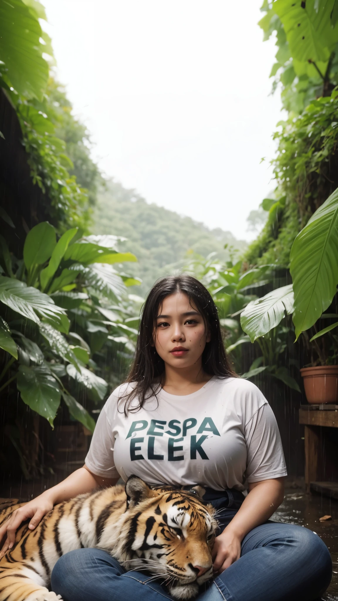 Indonesia woman. Plus size woman, plump woman, wet, Tiger,