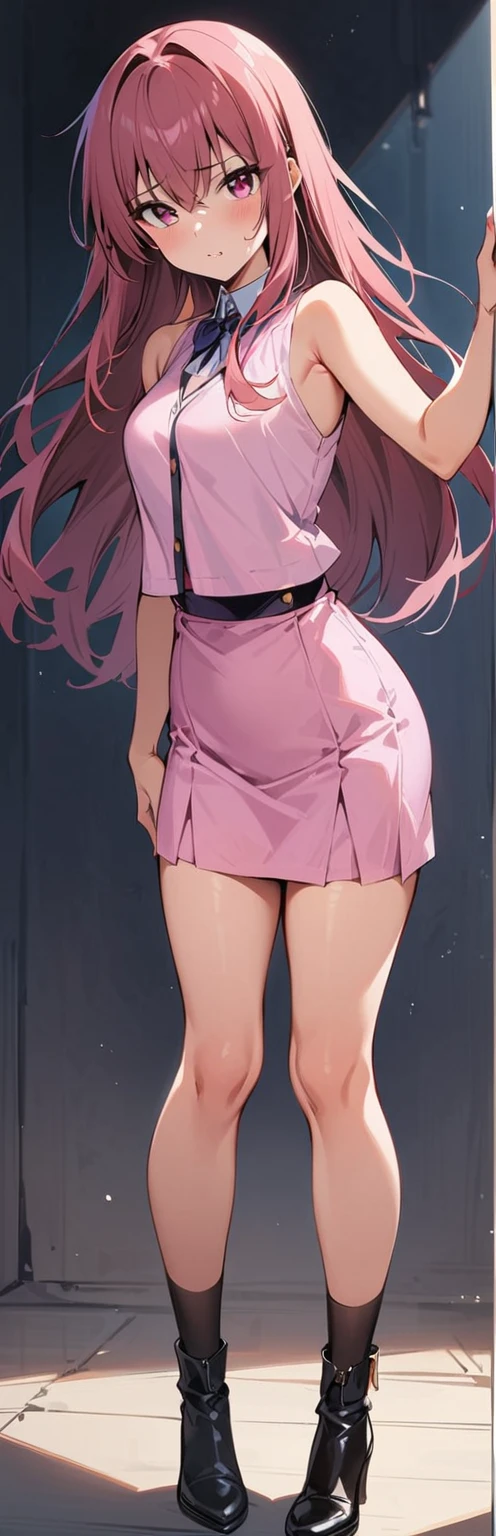 (Masterpiece, best quality:1.2), 1 girl, alone,stand_separate,
Yuki Mikan, long hair, without สีดำ sleeveless short vest,pink skirt,purple, sexy