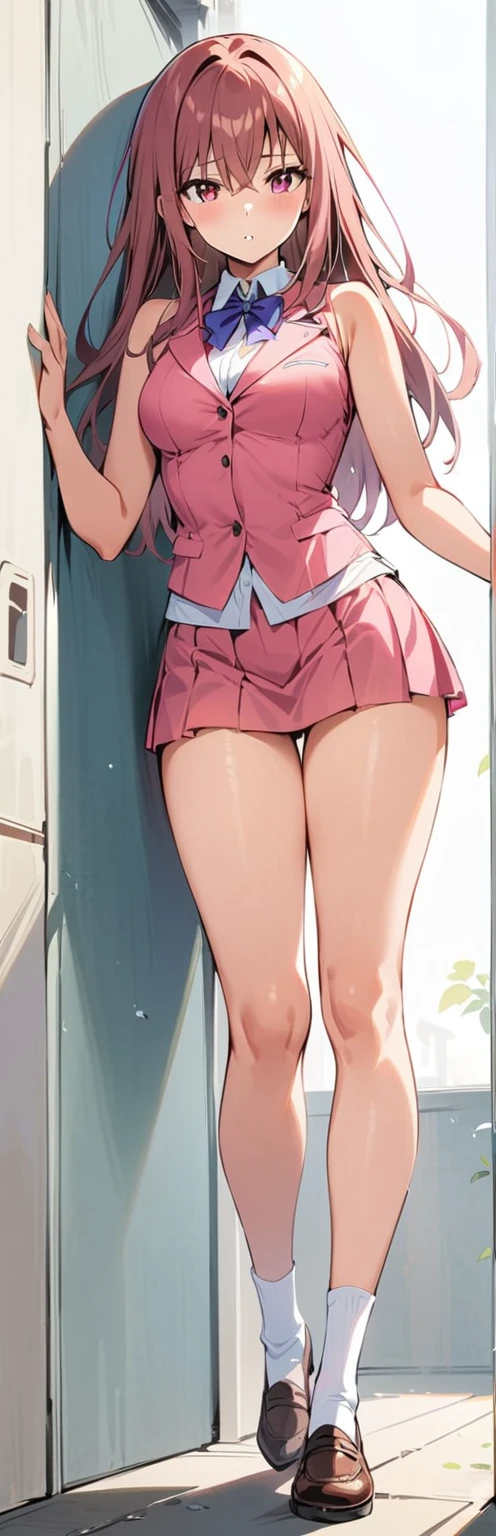 (Masterpiece, best quality:1.2), 1 girl, alone,stand_separate,
Yuki Mikan, long hair, without สีดำ sleeveless short vest,pink skirt,purple, sexy