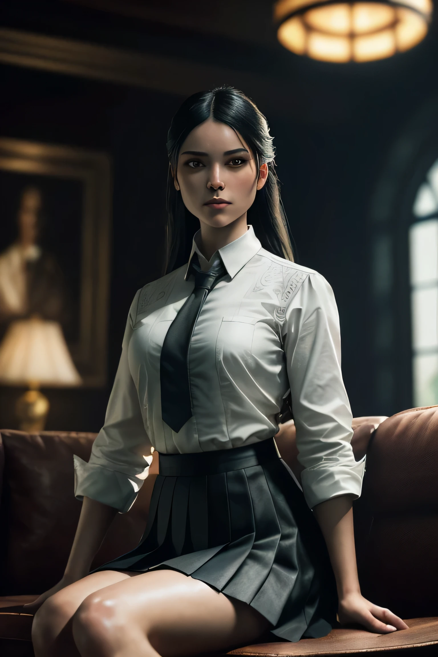 (masterpiece), (extremely intricate:1.3), (realistic), a girl, (dark fantasy, gore), (dynamic perspective), the most beautiful in the world, (kick viewers lightly), indoors, from below, shirt, tie, pleated skirt, smirk, on the couch, Aomori, Haifa, professional photograph of a stunning woman detailed, sharp focus, dramatic, award winning, cinematic lighting, octane render unreal engine, volumetrics dtx, (film grain, blurry background, blurry foreground, depth of field)