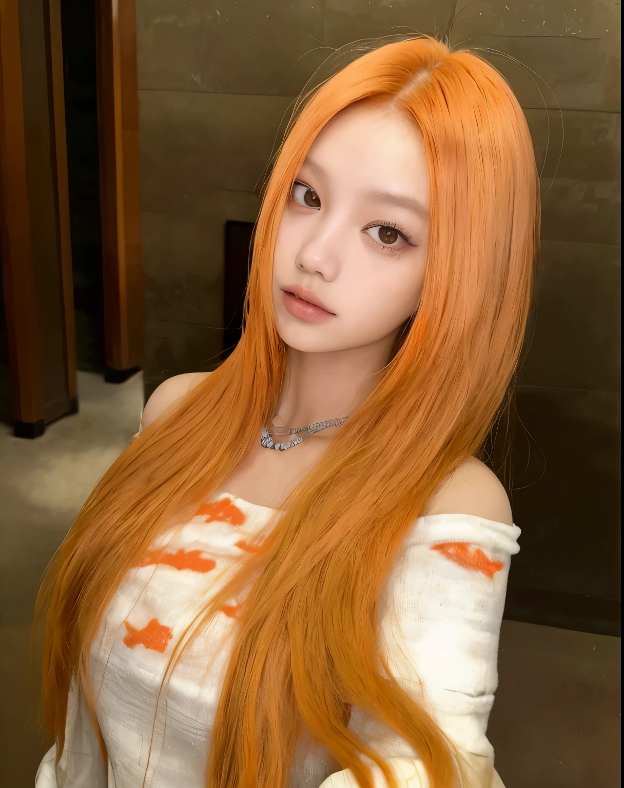 a close up of a woman with pelo largo naranja posing for a picture, ella tiene el pelo largo color naranja, parque roseanne de blackpink, She has long orange-brown hair., jossi de blackpink, pelo largo naranja, portrait of jossi de blackpink, very pelo largo naranja, tzuyu de dos veces, ulzzang, Lalisa Manobal, muchacha coreana