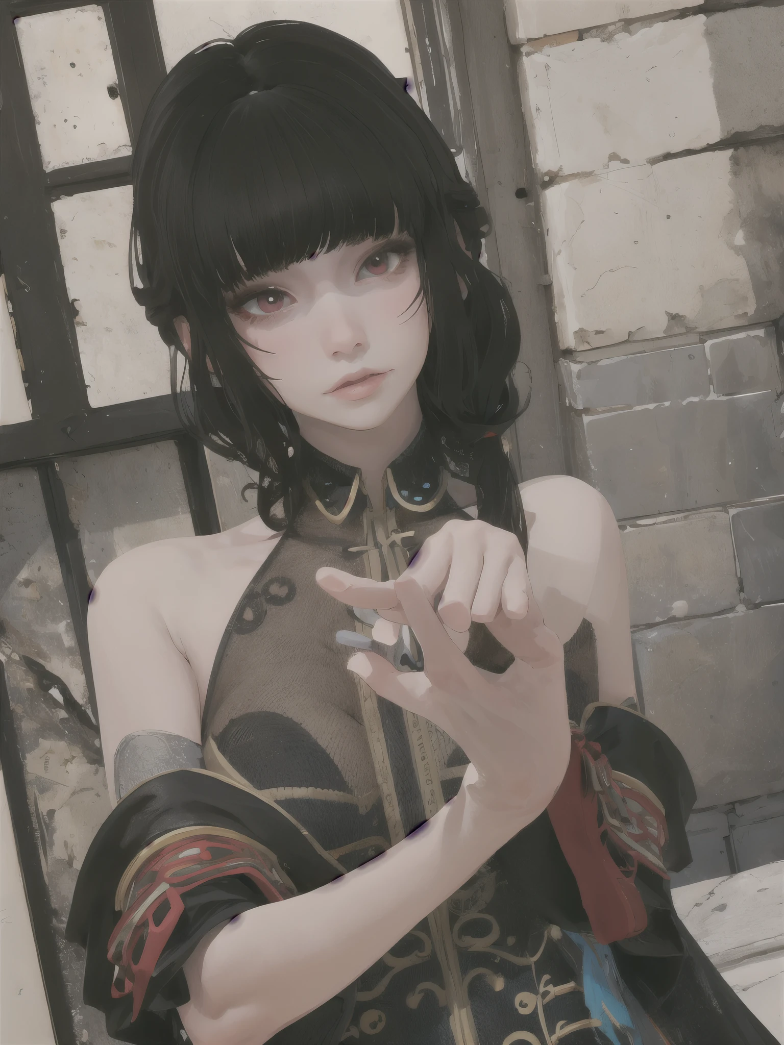 masterpiece, highly detailed, best quality, 1girl, solo,
Luna, black hair, red eyes, long hair, blunt bangs, black gothic style