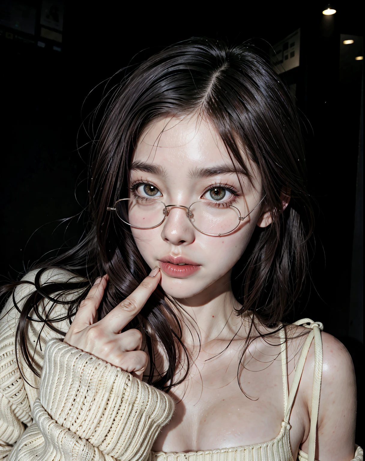 there is a woman with glasses on her face posing for a picture, with glasses, korean girl, jaeyeon nam, heonhwa choe, very low quality, very very low quality, jinyoung shin, 18 years old, sakimichan, with glasses on, 19-year-old girl, ulzzang, clear cute face, without glasses