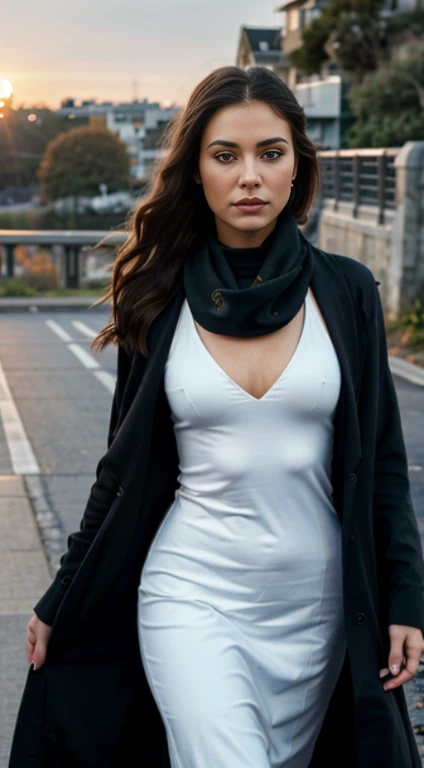 (realistic), (hyperrealism), (photorealistic:1.4), best quality, masterpiece, xtaylor, 1girl, looking at the viewer, makeup, detailed eyes, detailed face, (upper body:1.2), black dress, black scarf, walking at the bridge, sunset, fall season, (windy:1.2)