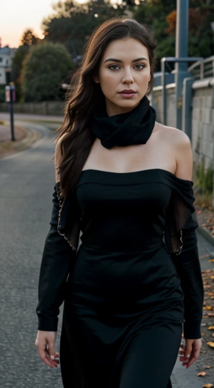 (realistic), (hyperrealism), (photorealistic:1.4), best quality, masterpiece, xtaylor, 1girl, looking at the viewer, makeup, detailed eyes, detailed face, (upper body:1.2), black dress, black scarf, walking at the bridge, sunset, fall season, (windy:1.2) 