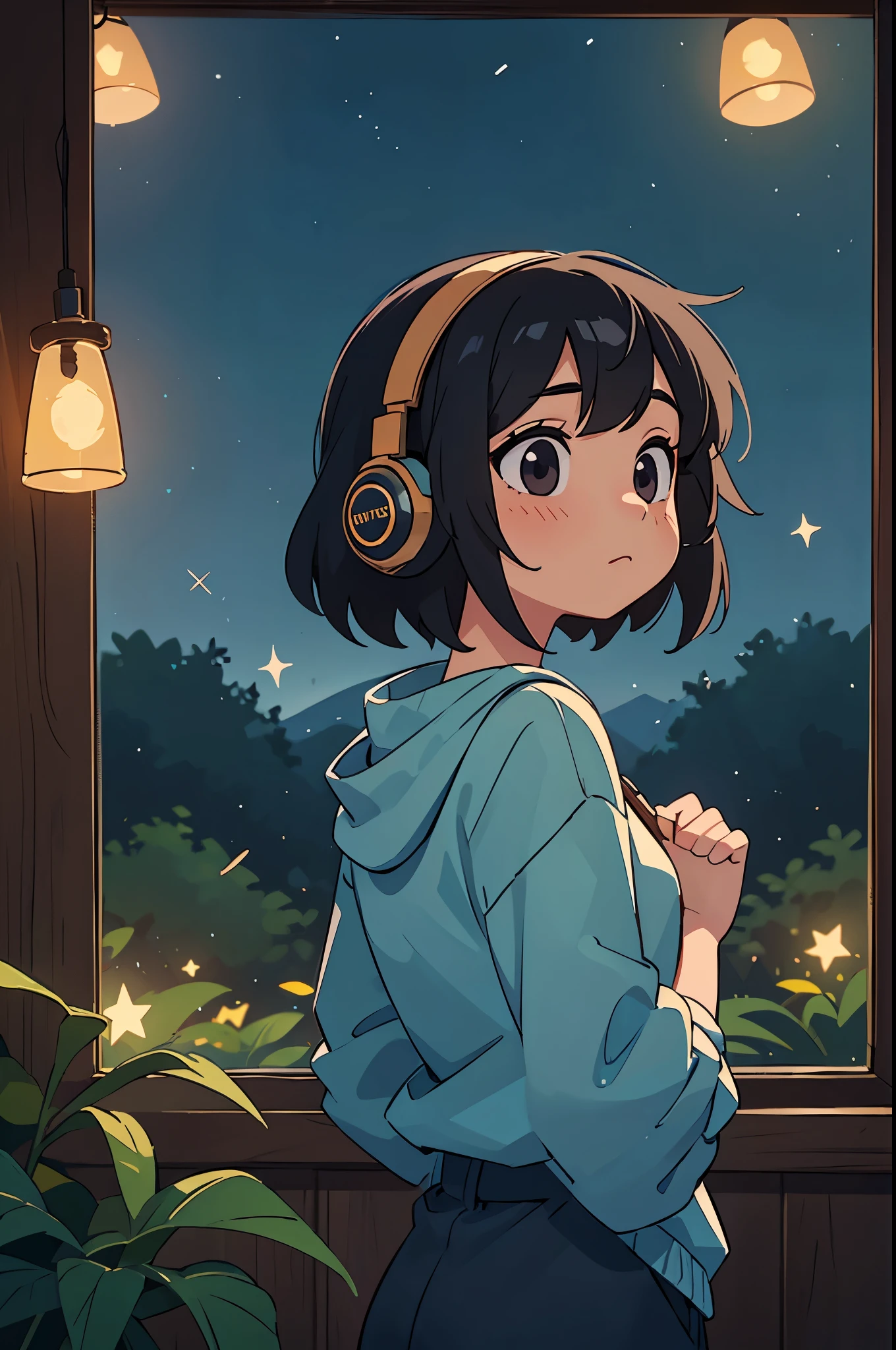 25 year old girl listens to music with her headphones, in a calm and relaxed environment, with short black hair, seen from behind, looking at the horizon, at night and through the window, you can see fireflies and a beautiful landscape full of stars at night, characters with a lot of detail in their faces, hands and hair, a very detailed and outlined character and background, a lot of image clarity.