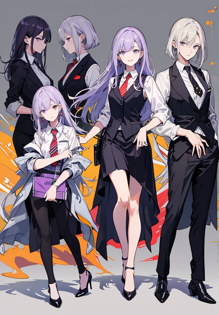 Purple Hair,Semi-long hair,woman,Casino Dealer,bartender,suit,Black vest,Shirt with rolled up sleeves,tie,High heels,,Simple Background,smile,whole body,Full Body,full body,Character portrait,vtuber,upright,,Standing upright with face and body facing forward,